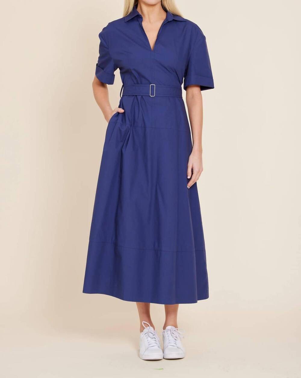 NEW DOLCE CABO poplin belted collar midi dress in navy